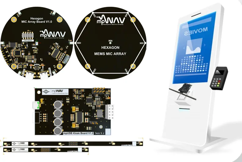 mpWAV 의 원형 MEMS 마이크 배열 보드 2종, 키오스크용 다채널 오디오 보드와 선형 마이크 배열, 그리고 실제 키오스크 적용 모습